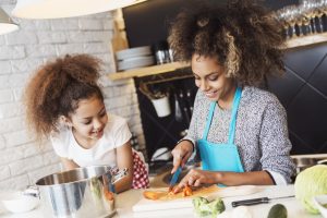 Mother and daughter cooking in kitchen